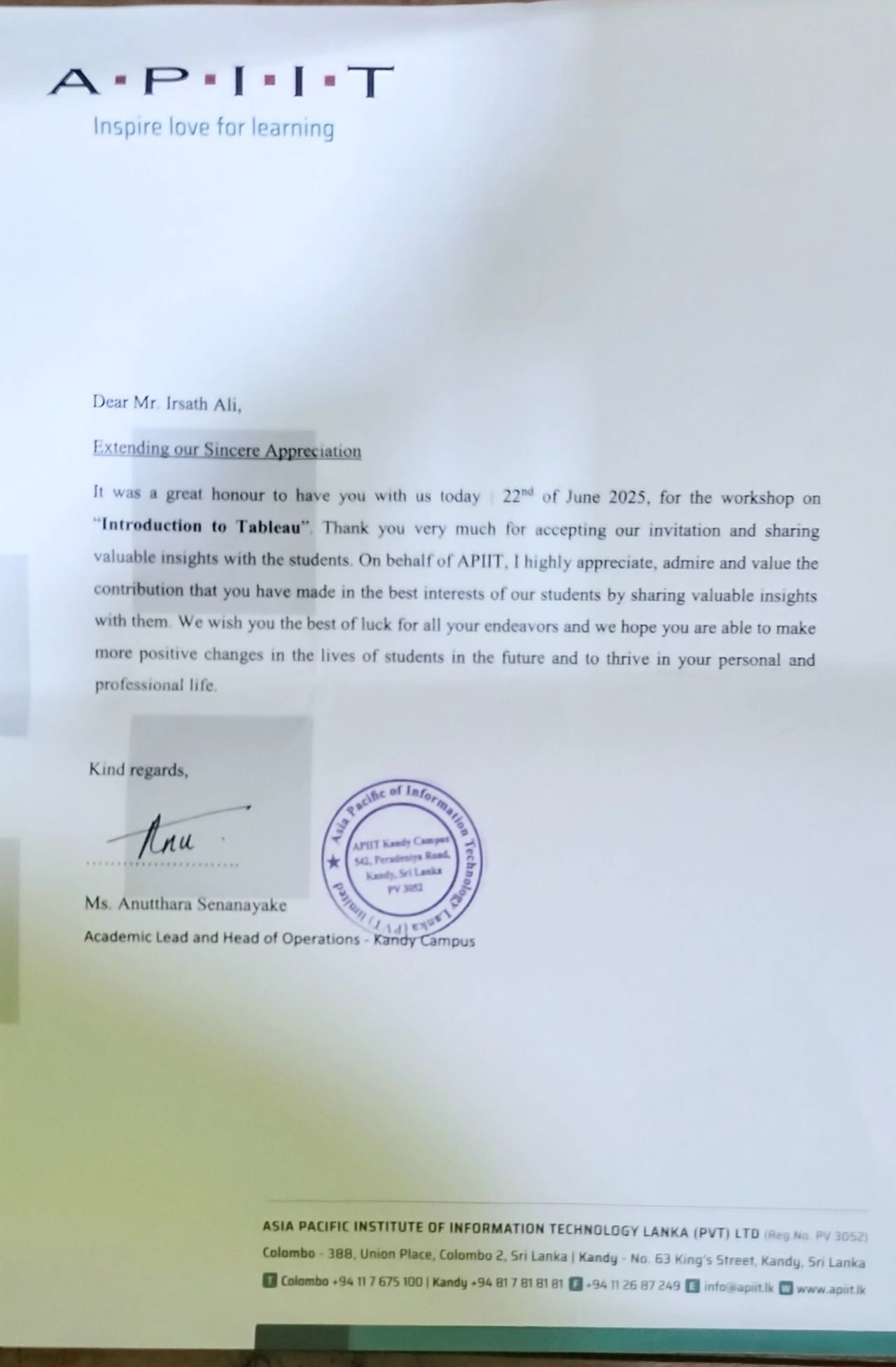 Appreciation Letter — APIIT