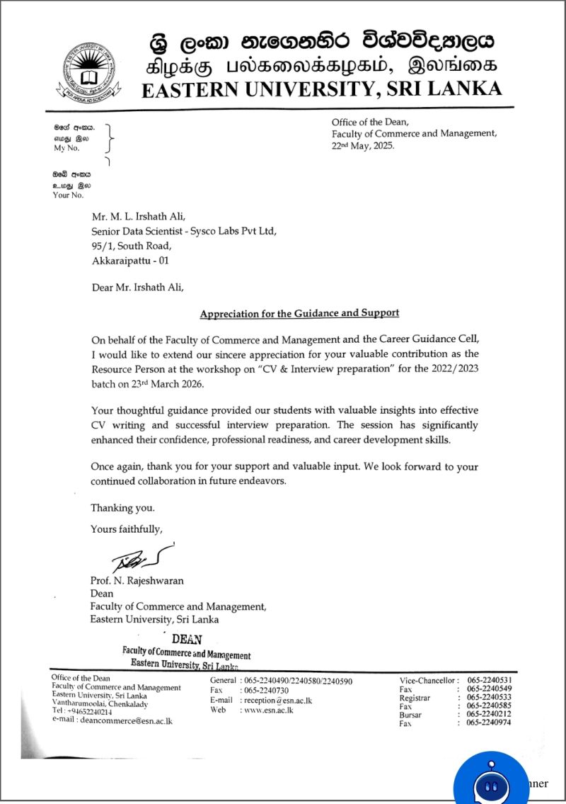 Appreciation Letter — Eastern University